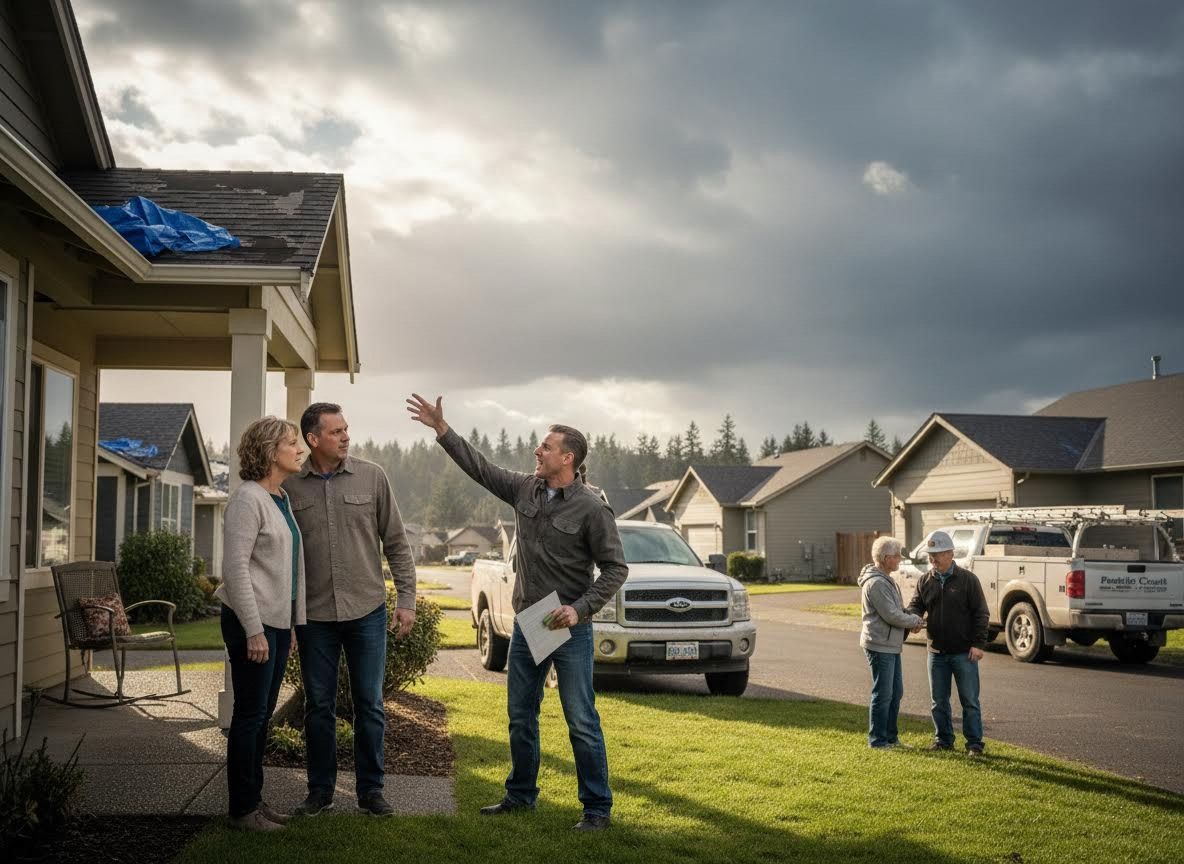 Homeowners Discussing Roof Damage with a Contractor