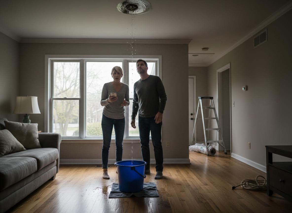 Couple dealing with a ceiling water leak