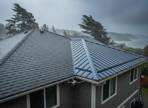 A drone inspects a house with both asphalt shingle and metal roofing during a storm with heavy rain and winds near the ocean. Drone inspecting house roof in stormy weather with rain