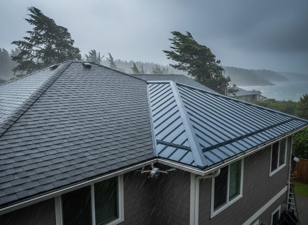 Drone inspecting house roof in stormy weather with rain