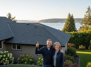 A cheerful couple stands proudly in front of their home, showcasing a newly installed dark shingle roof with a scenic waterfront background. Smiling Couple with New Roof