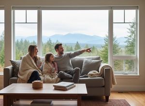 Family on couch enjoying scenic mountain and forest view from large window