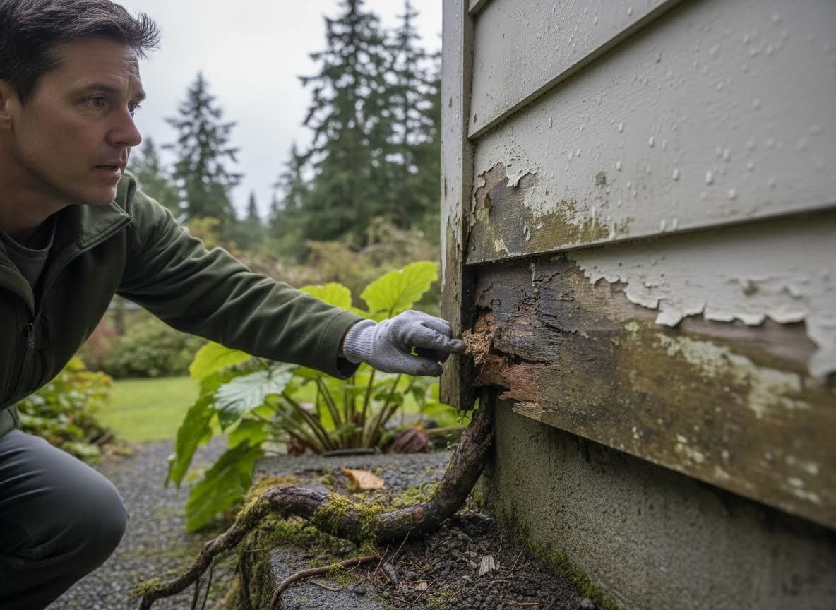 Man inspecting damaged house siding