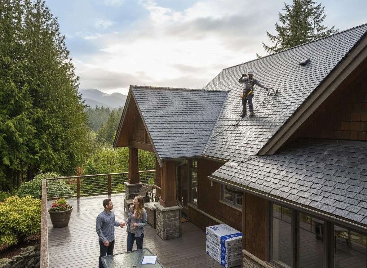 Roofer on house with new dark gray shingles, homeowners watching