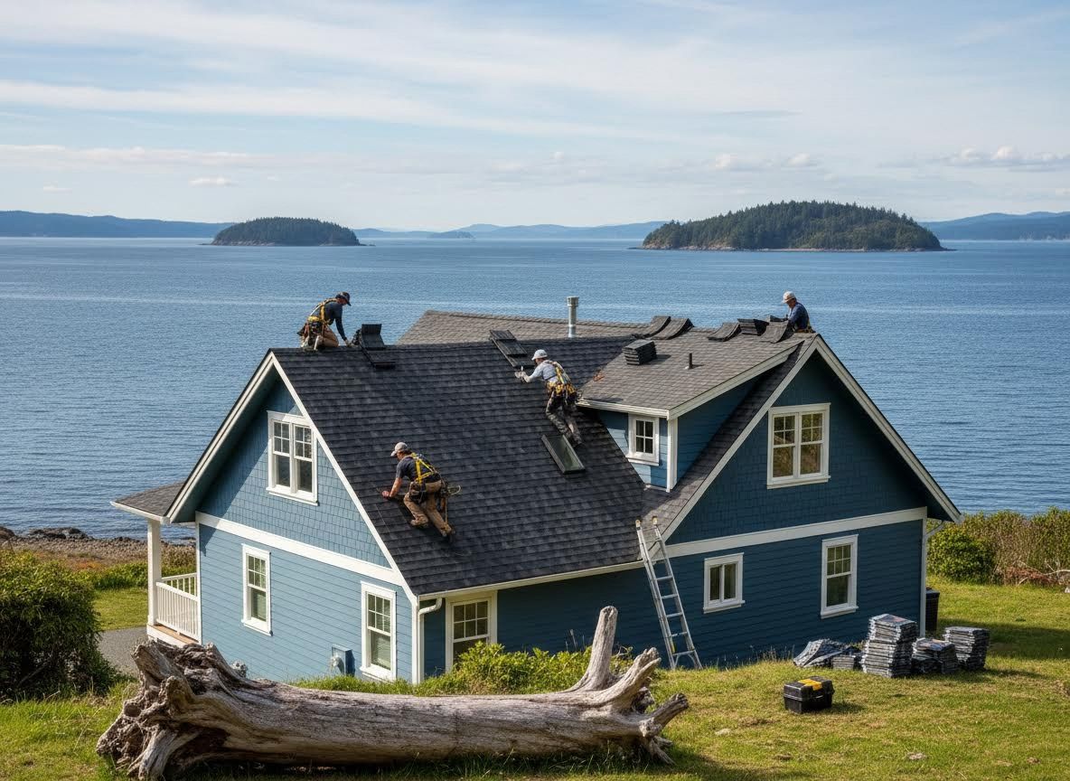Residential roofing installation with scenic ocean backdrop