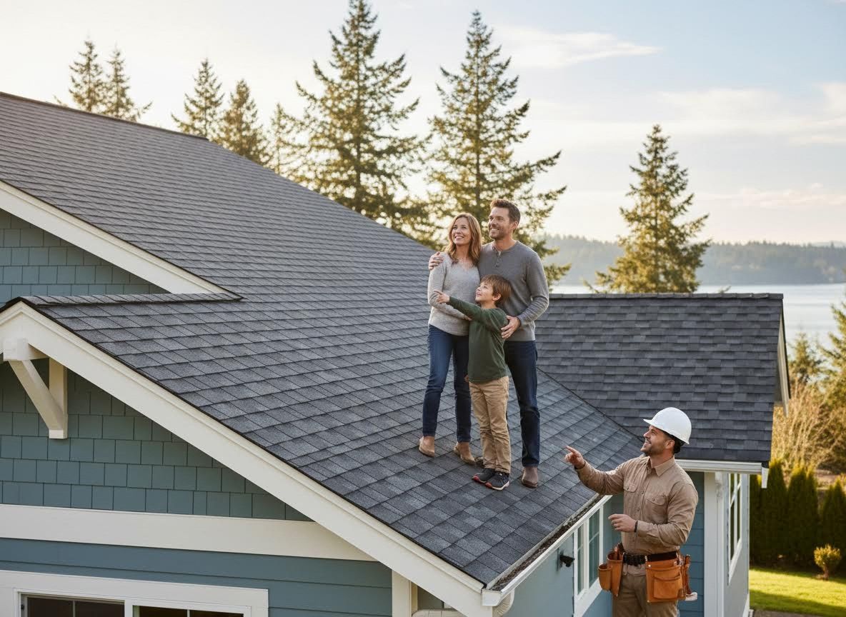 Family and Contractor on New Shingle Roof