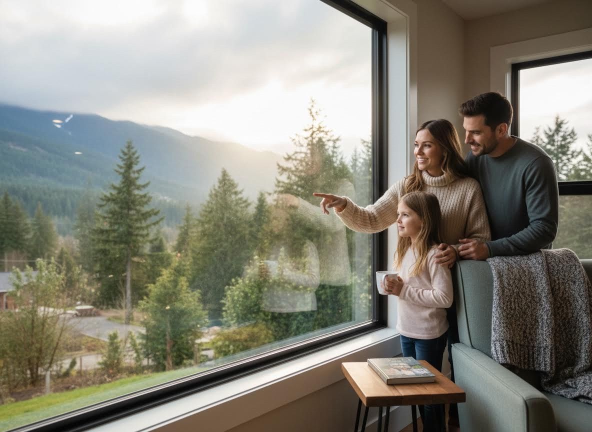 Family looking out a large window at a mountain view
