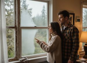 Couple looking out a foggy window on a rainy day