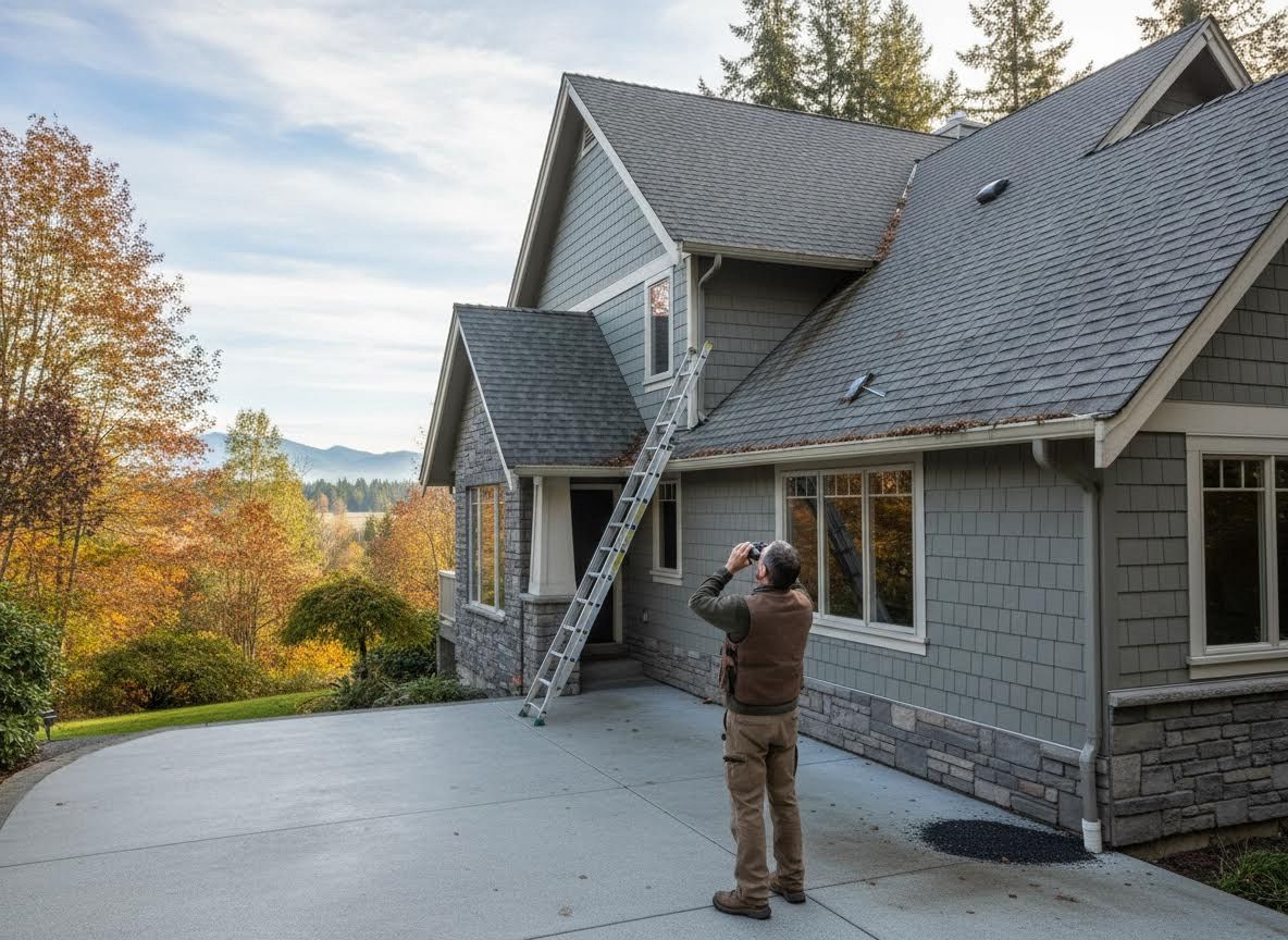 Man Inspecting House Roof with Binoculars