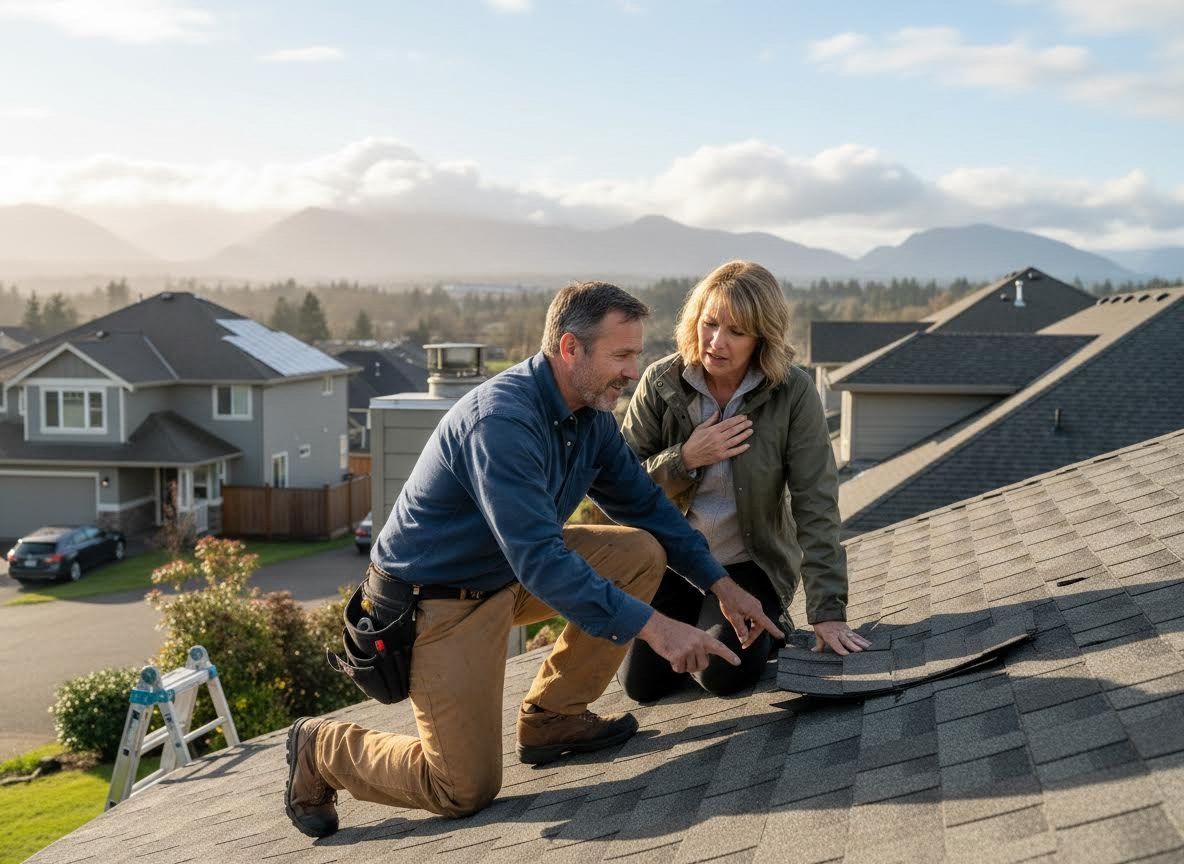 Roofer pointing out damaged shingles to a homeowner