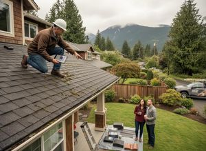 Roofer Inspecting Residential Roof with Homeowners