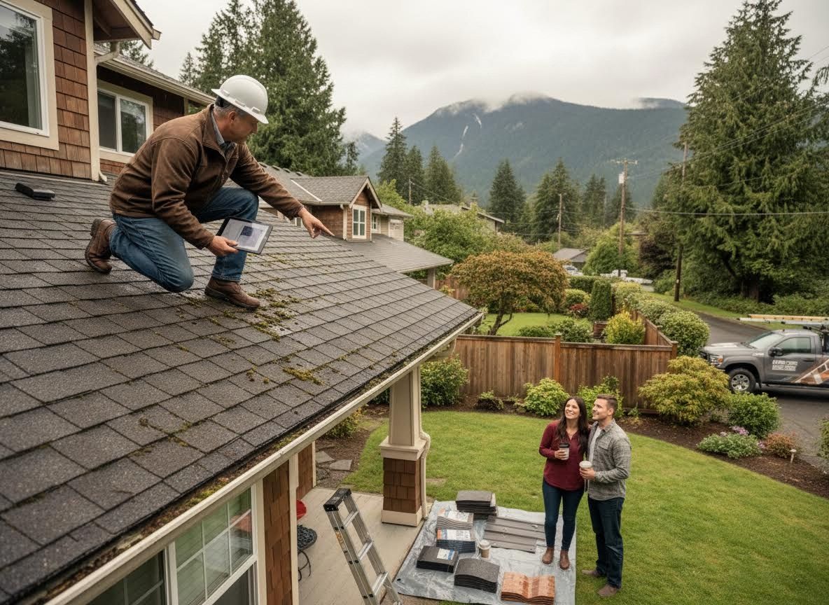 Roofer Inspecting Residential Roof with Homeowners