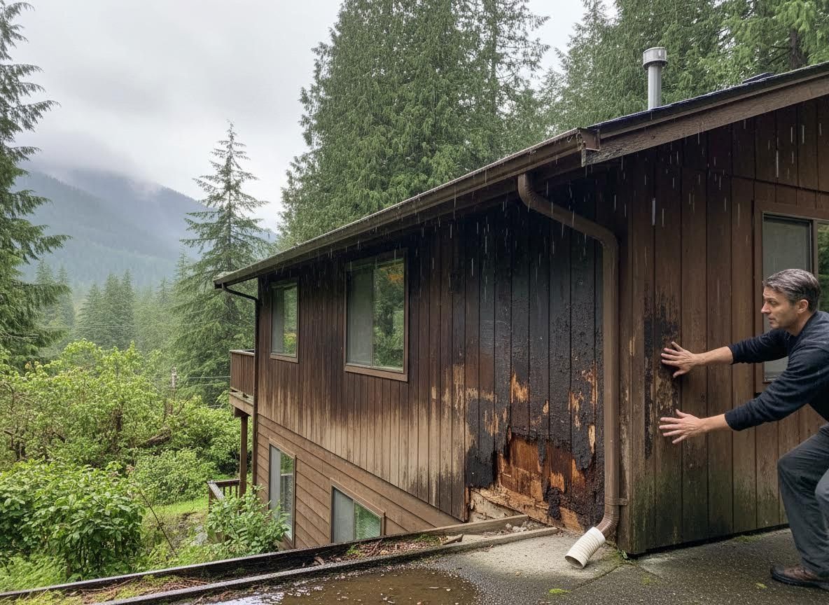 Man inspecting water damage on a wooden house in the rain