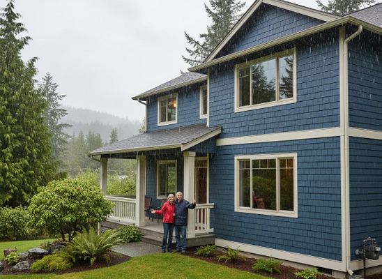 Happy couple standing on porch of blue house in the rain