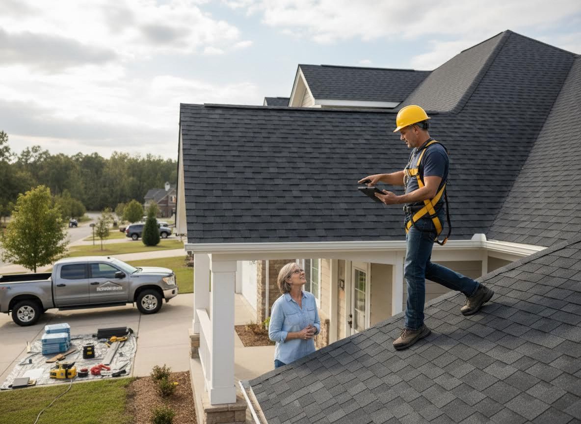 Roofer discusses roof inspection details with homeowner