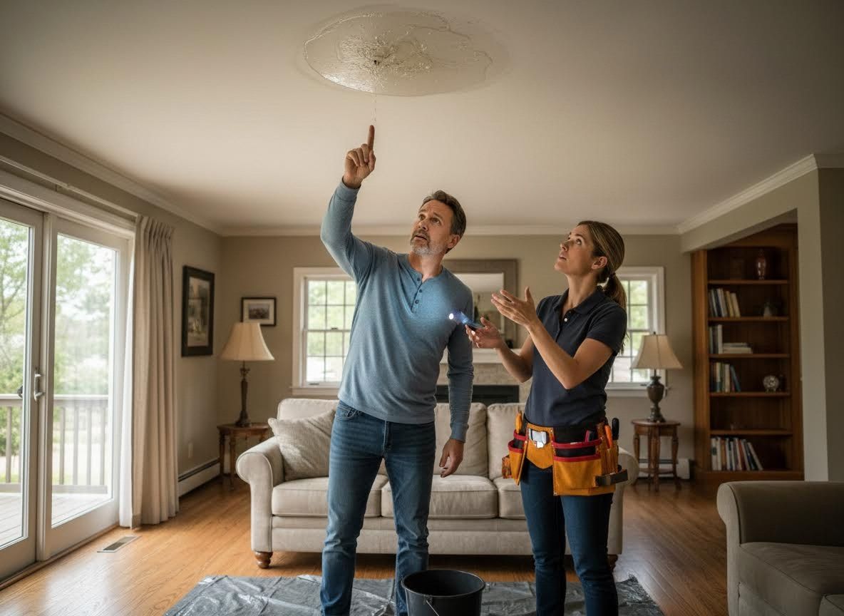Couple inspecting a water leak in their living room ceiling