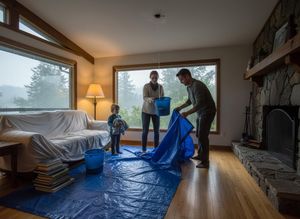 Family dealing with a home ceiling leak during a rainstorm