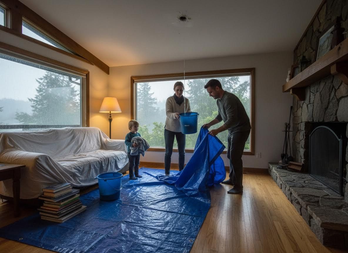 Family dealing with a home ceiling leak during a rainstorm