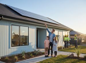 A father points to newly installed solar panels on their modern light blue house as his two children look on. Workers are visible in the background. Family admiring solar panels on their new home