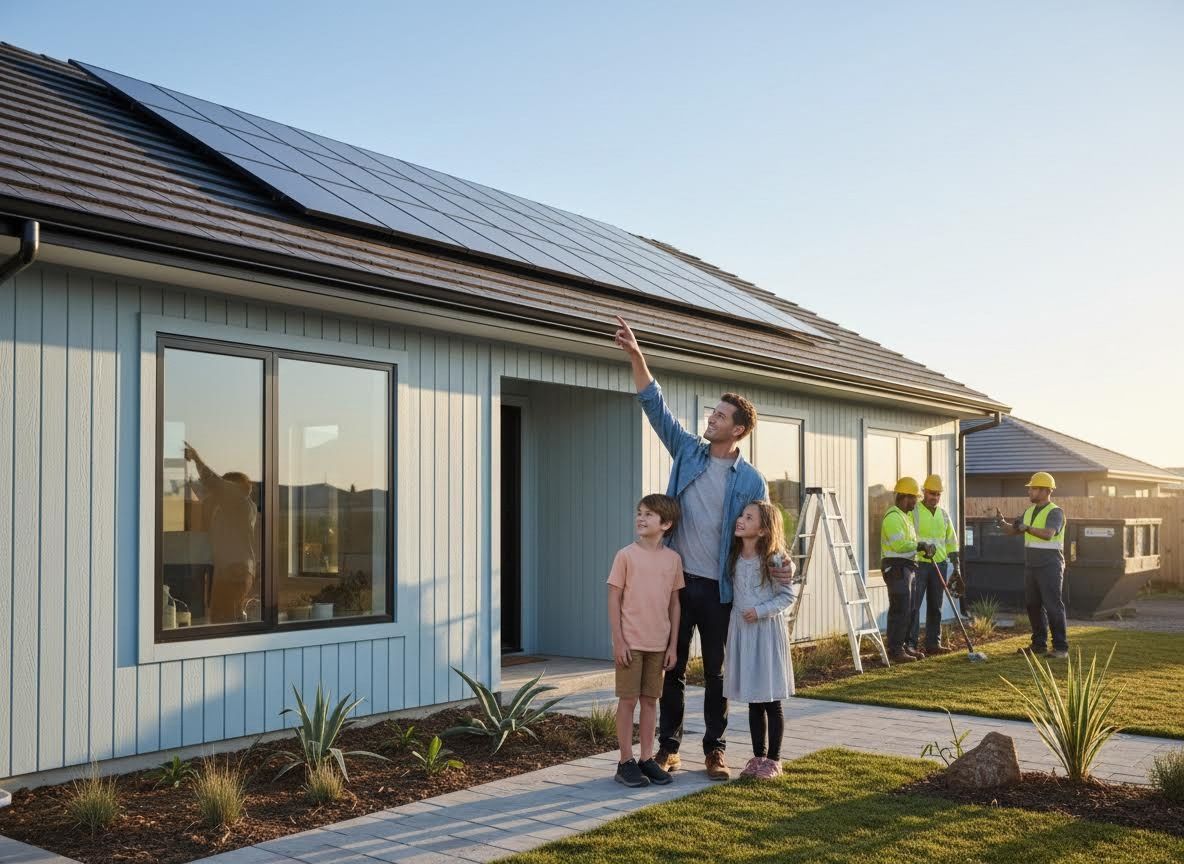 Family admiring solar panels on their new home