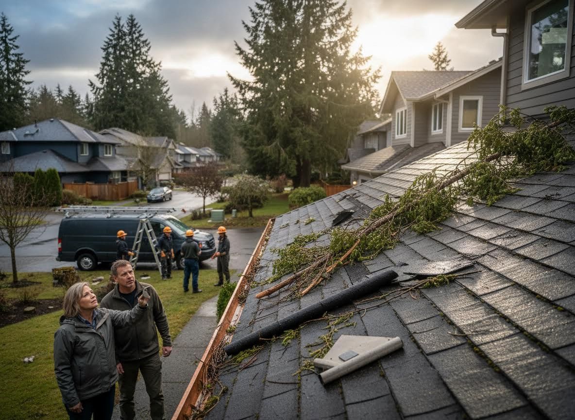 Storm damaged roof with homeowners and repair crew