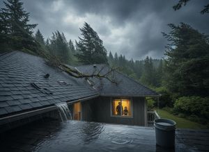 A house endures a severe storm with a large tree branch on its damaged roof, overflowing gutters, and two people looking out a window. Storm Damaged House with Overflowing Gutters