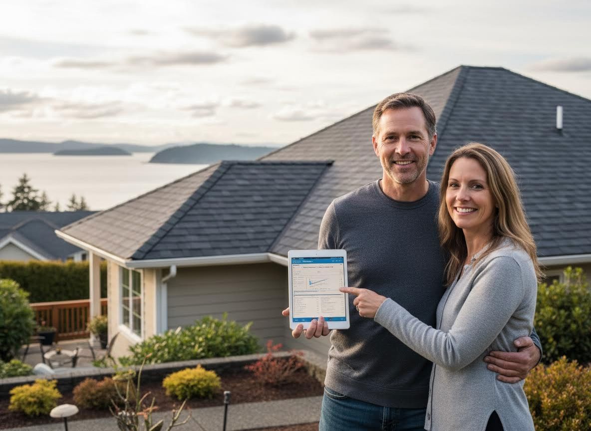 Couple showing data on tablet in front of their house with a scenic water view