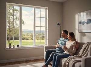 A couple sits embraced on a gray sofa, sipping from mugs and gazing out a large white-framed window at a vibrant green, hilly landscape and blue sky. Couple Relaxing by Large Scenic Window