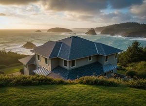 Oceanfront House Overlooking Rocky Coastline at Sunset