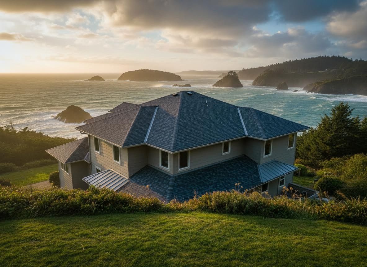 Oceanfront House Overlooking Rocky Coastline at Sunset
