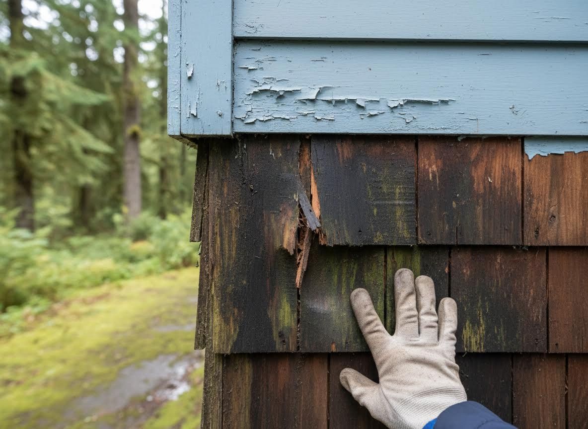 Damaged House Siding with Peeling Paint and Rot