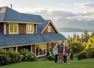 A man and three girls stand on a green lawn in front of a shingled house, looking at a scenic view of mountains and water. Family admiring mountain and lake view from their home
