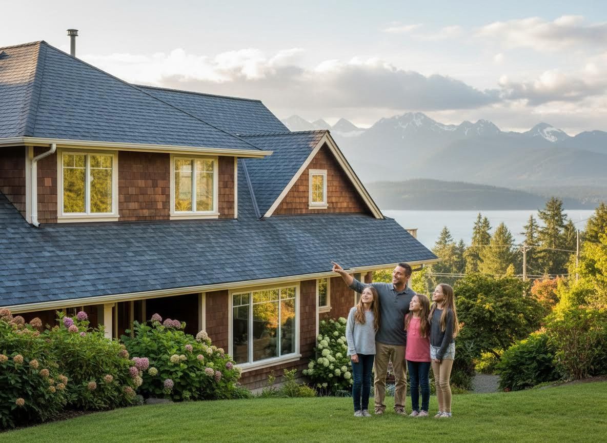 Family admiring mountain and lake view from their home