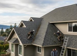 Professional roofers cleaning moss from a residential roof