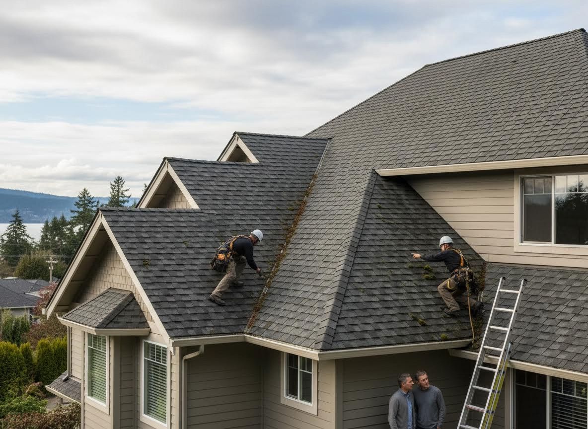 Professional roofers cleaning moss from a residential roof