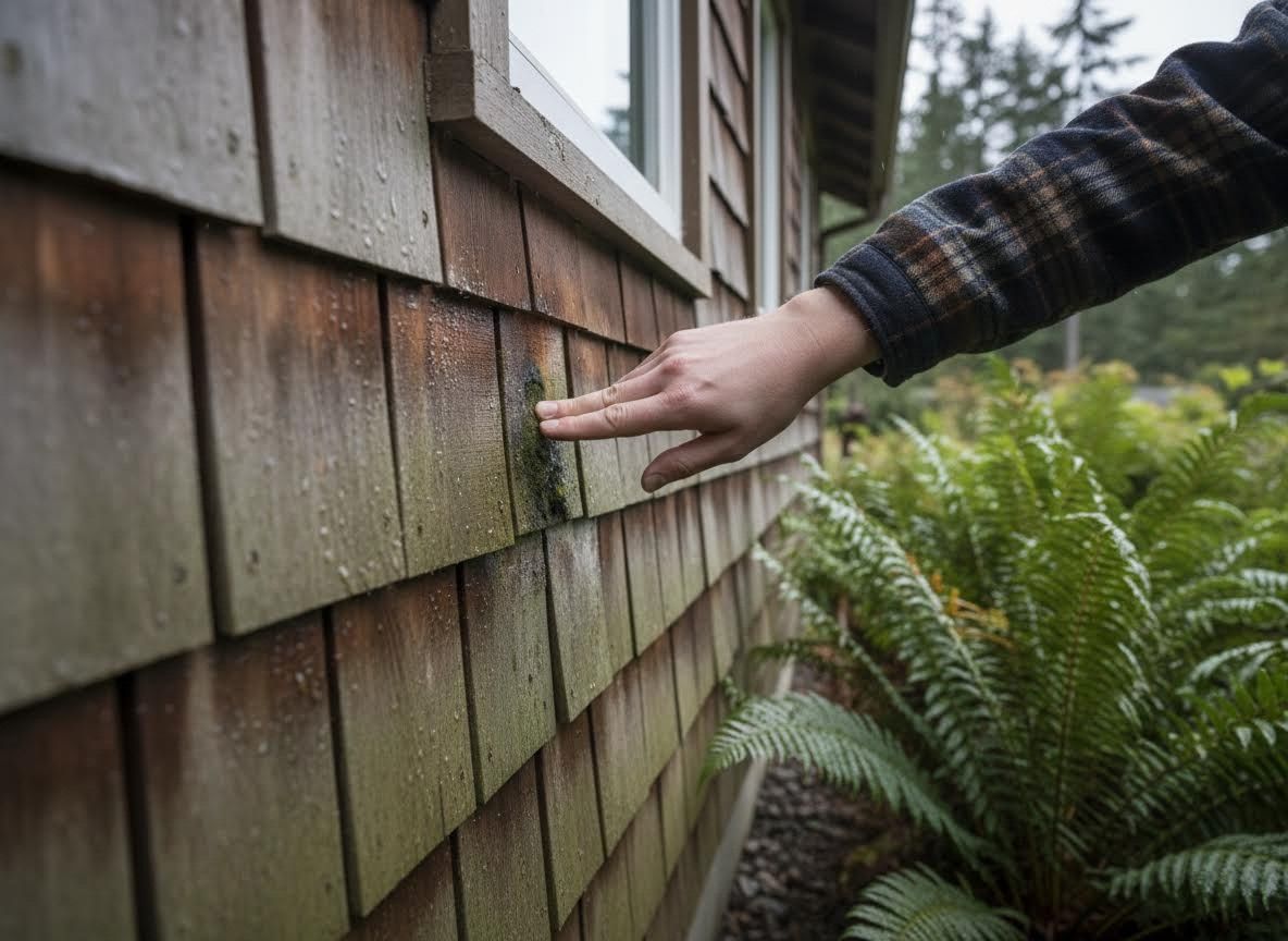 Hand Touching Wet, Mossy Shingle