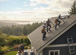 Three roofers install shingles on a gray house while two homeowners observe from below, set against a scenic landscape. Roofers working on a house with homeowners watching
