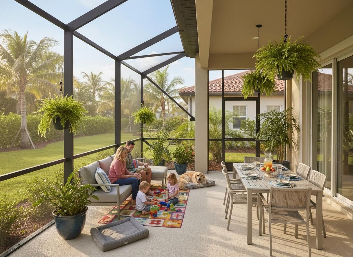Family Relaxing on a Screened Patio