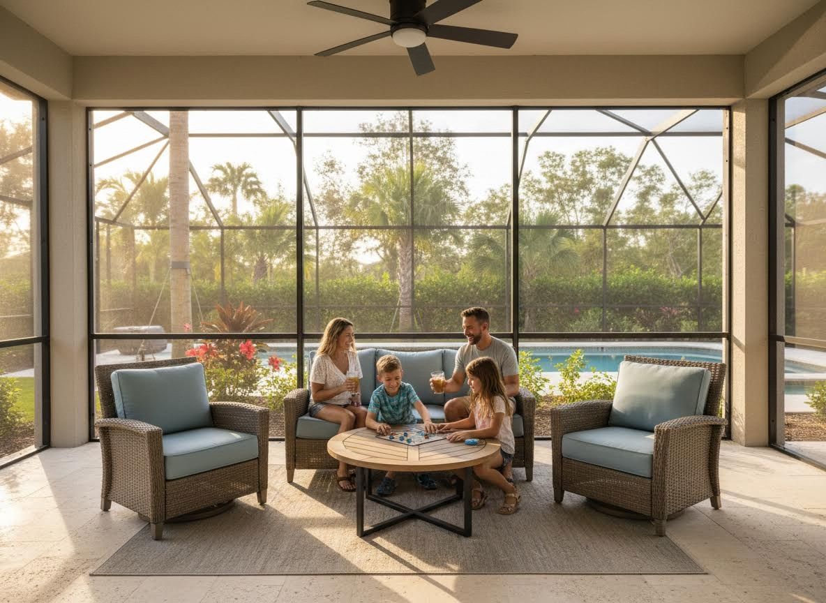 Family Playing Board Game on Screened Patio
