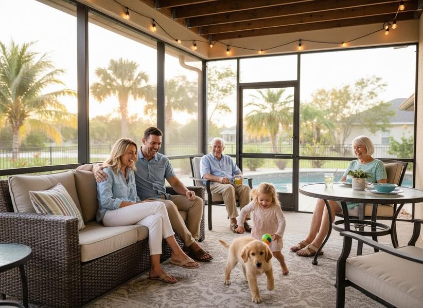 Multi-generational family with golden retriever puppy on screened porch