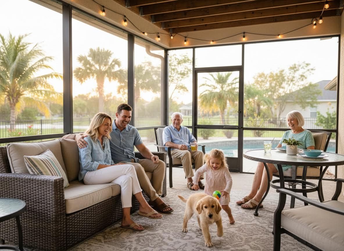 Multi-generational family with golden retriever puppy on screened porch