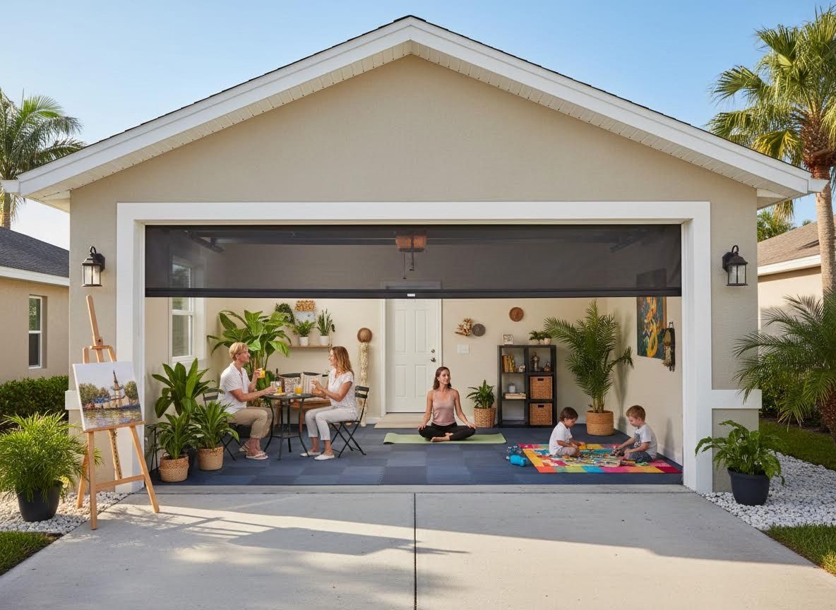Family enjoying a multi-functional garage living space