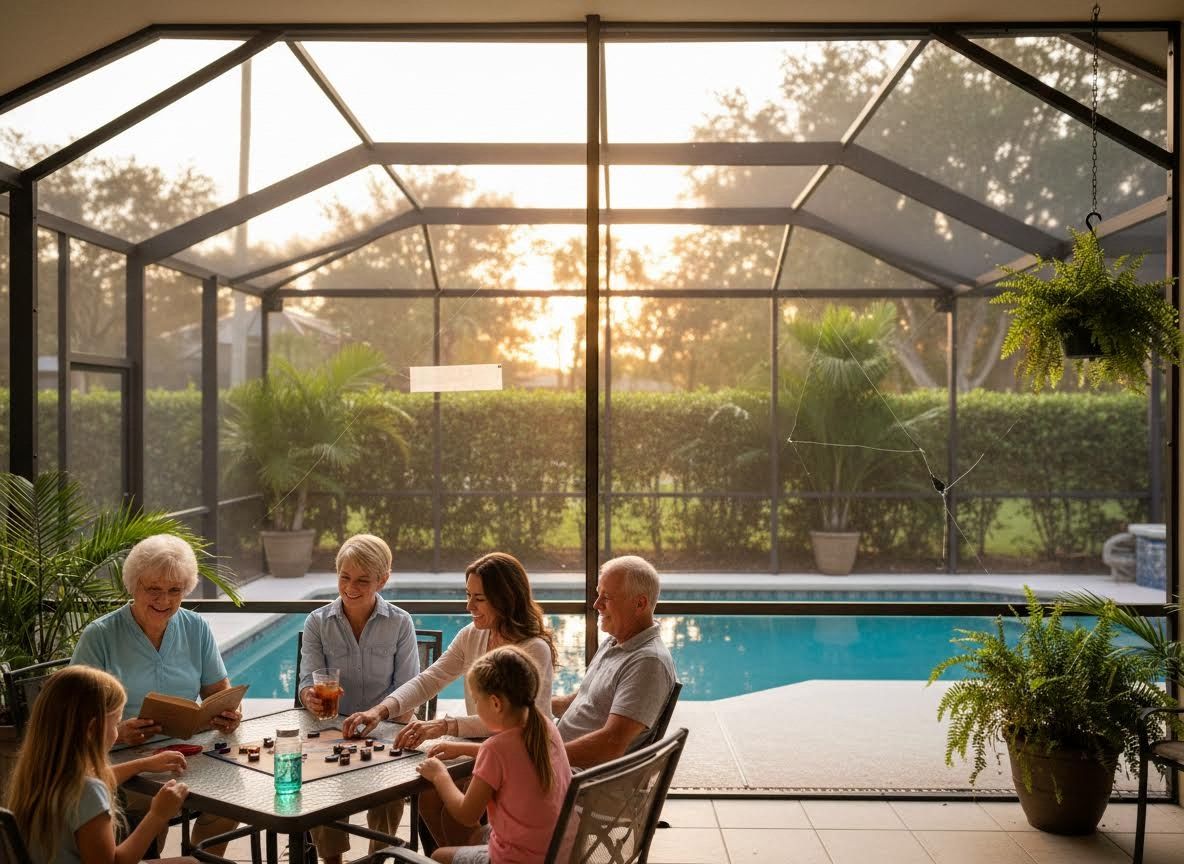 Multi-generational family playing a board game on a screened patio