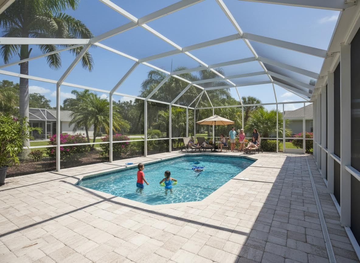 Family enjoying a screened-in pool