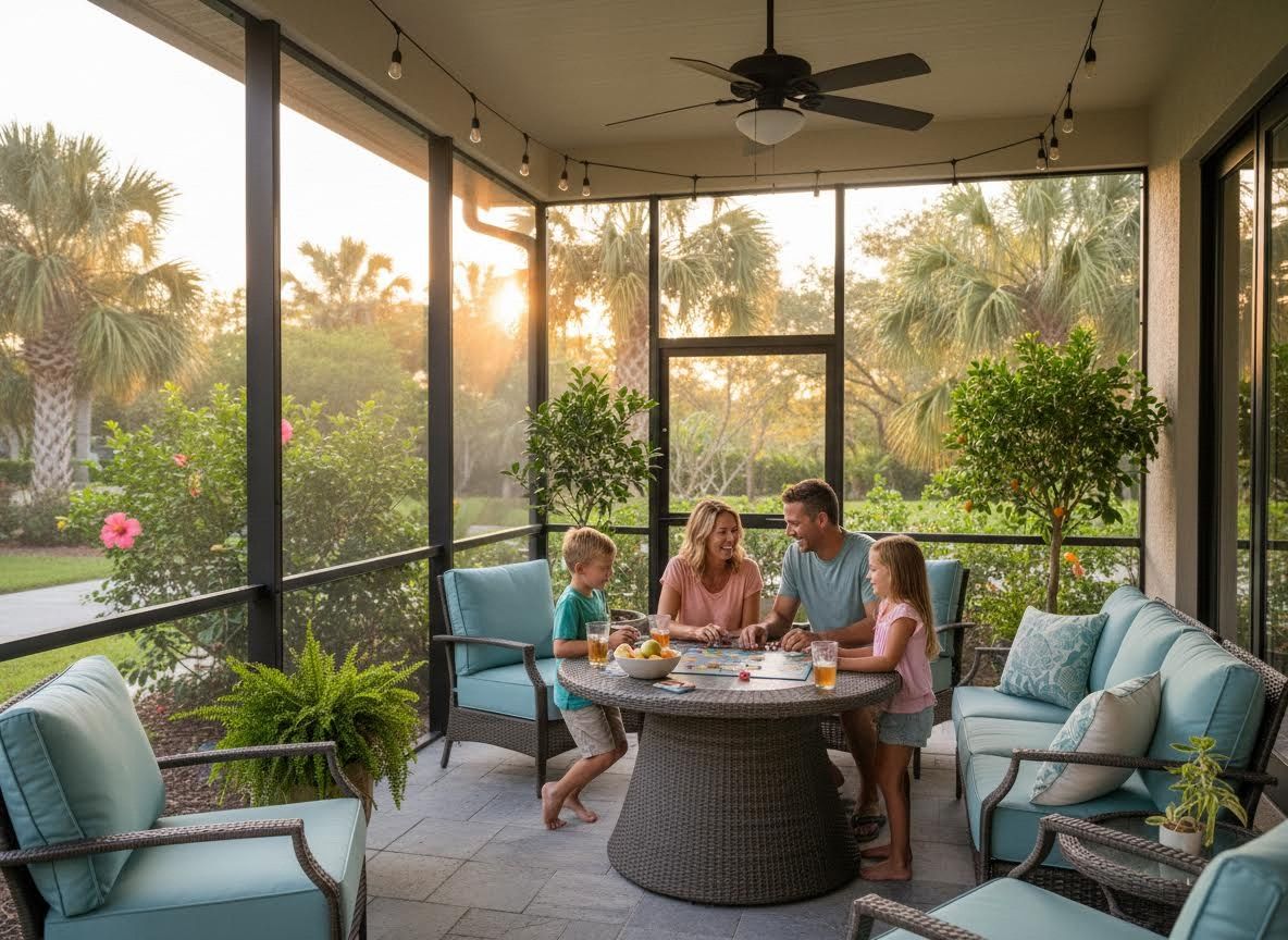 Family playing a board game on a screened porch at sunset