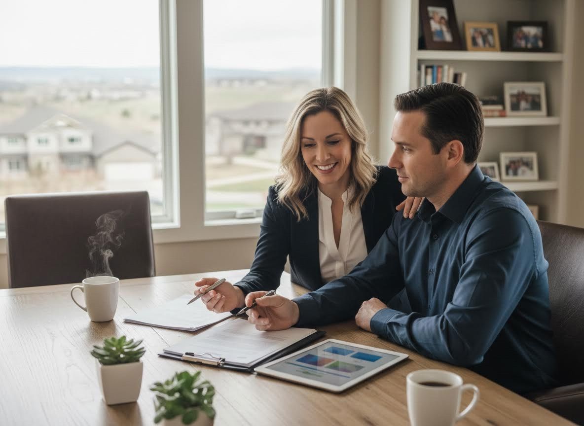 Man and woman reviewing documents with a tablet