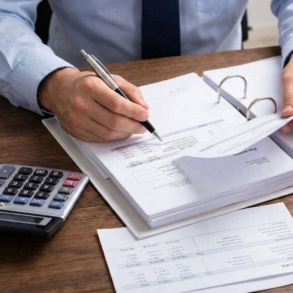 Close-up of a person reviewing financial documents and pay stubs with a calculator nearby.