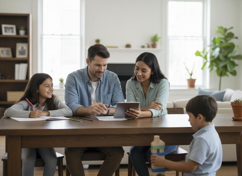 Family looking at tablet and doing homework