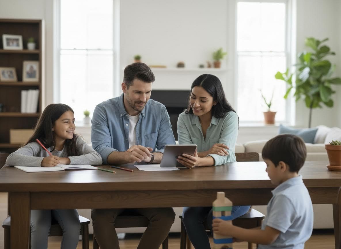 Family looking at tablet and doing homework