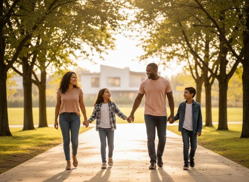 A smiling family of four, including parents and two children, walk hand-in-hand on a sunlit path lined with trees, with a modern house in the distance. Happy Family Walking Hand-in-Hand Outdoors